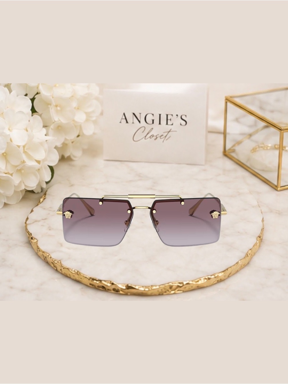 New Versace Medusa Gold-Tone Rimless Rectangular Sunglasses